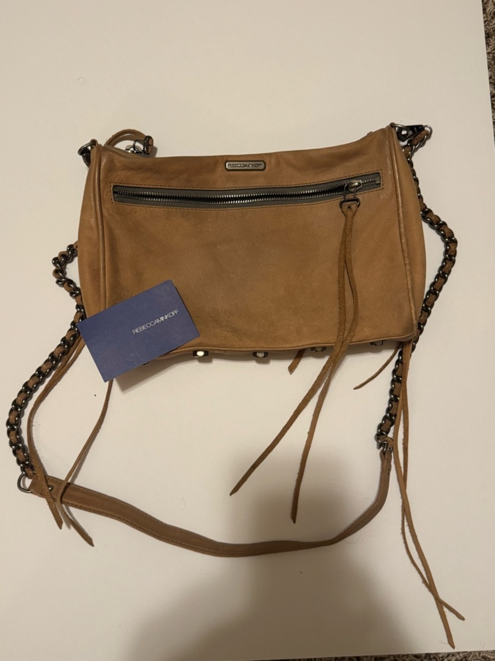 Rebecca Minkoff Tan Leather Chain-Trim Crossbody Bag